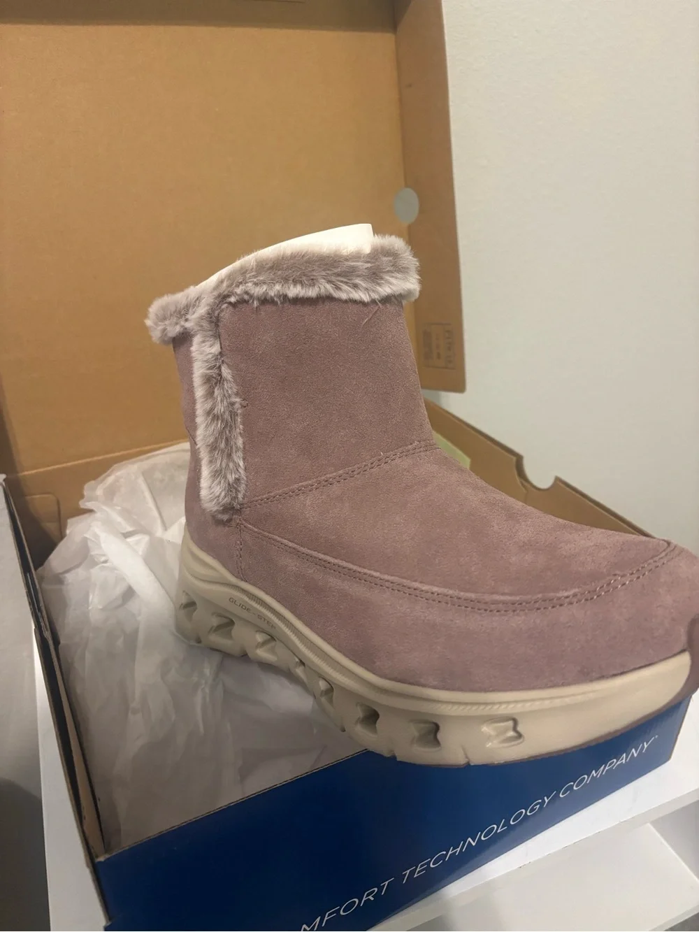 Women's Suede Ankle Boot with Faux Fur Trim - Dusty Mauve